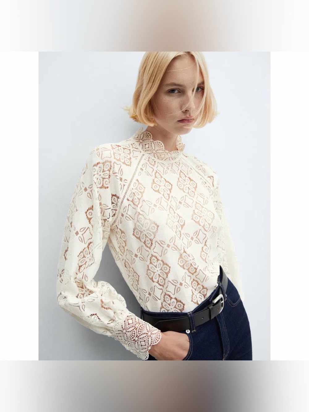 MANGO Floral Crochet Lace Balloon Sleeve Keyhole Back Cream Blouse - Picture 6 of 7
